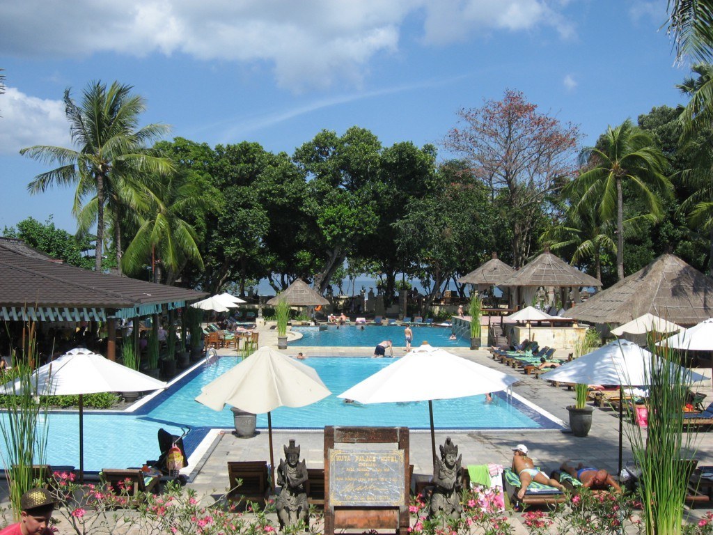 Pools and water in background