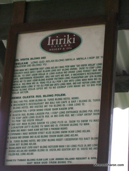 Resort information in bislama at iririki island resort