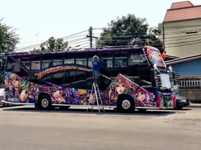 colourful bus on street in Ayutthaya