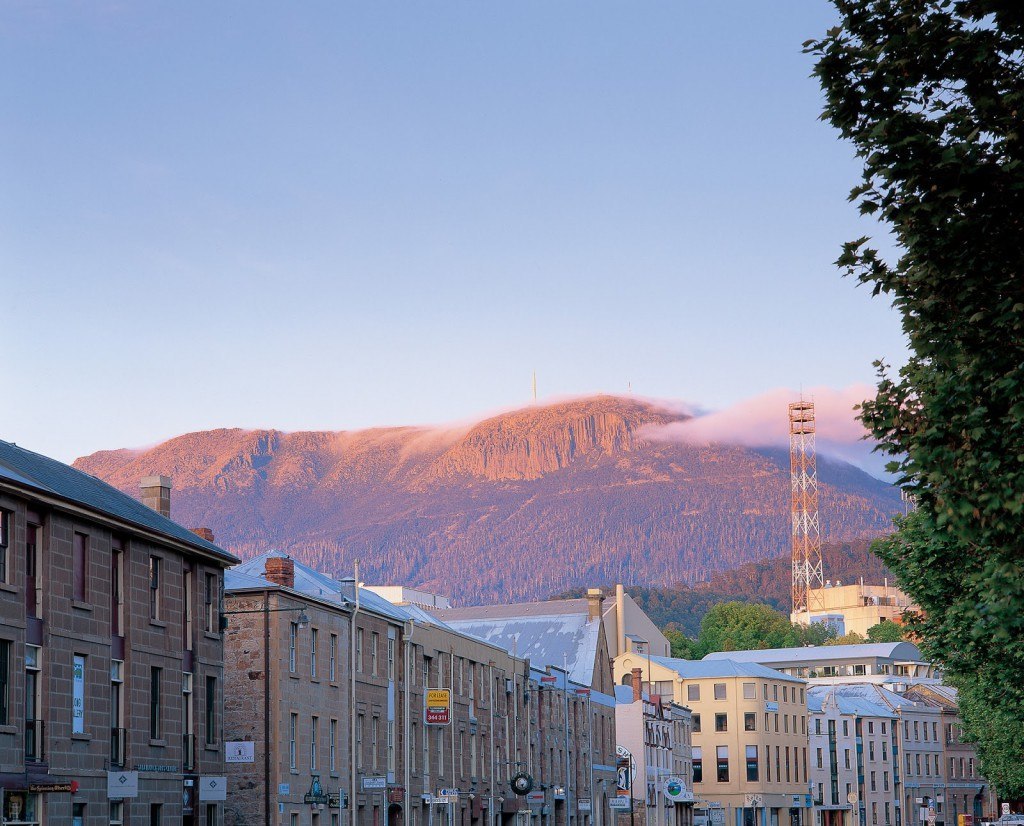 Salamanca Place with Mt Wellington in the background – Photographed by Garry Moore, Tourism Tasmania. All Rights Reserved