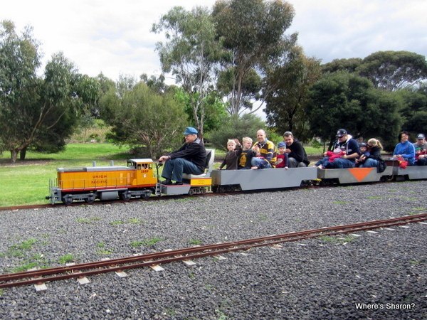 people riding miniature train