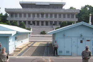 Looking at UN buildings on Korean border at Panmunjeom and seeing North Korean soldiers