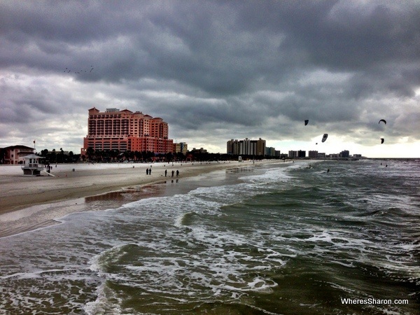 View of kite surfers and people at Clearwater beach