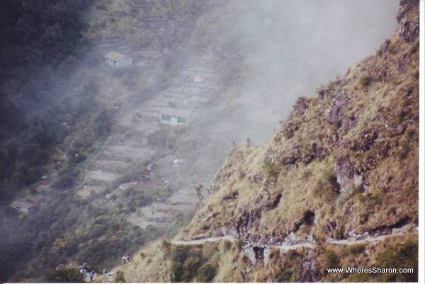 Part of the inca trail on the side of a steep mountain on the way to macchu picchu