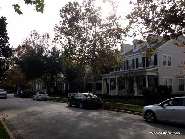 Big pretty houses with porches lining street in Celebration Orlando