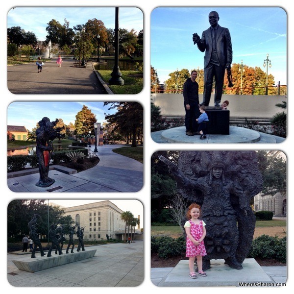 lake, statues and Louis armstrong statue at Louis Armstrong Park