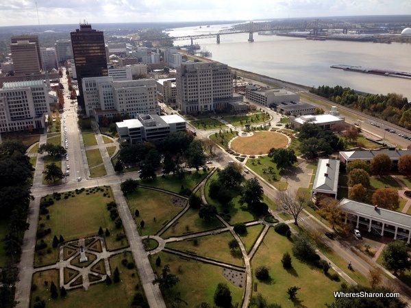 Views of park and the Mississippi river from the Louisiana State Capitol building