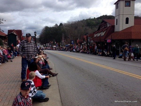 People waiting along main street in Helen GA for the christmas parade