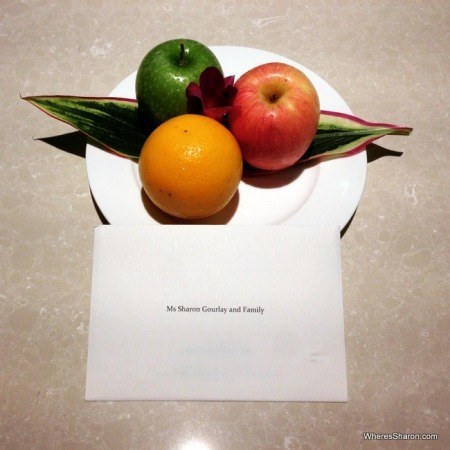 welcome fruit and letter at Shangri-La's Rasa Sayang Resort and Spa