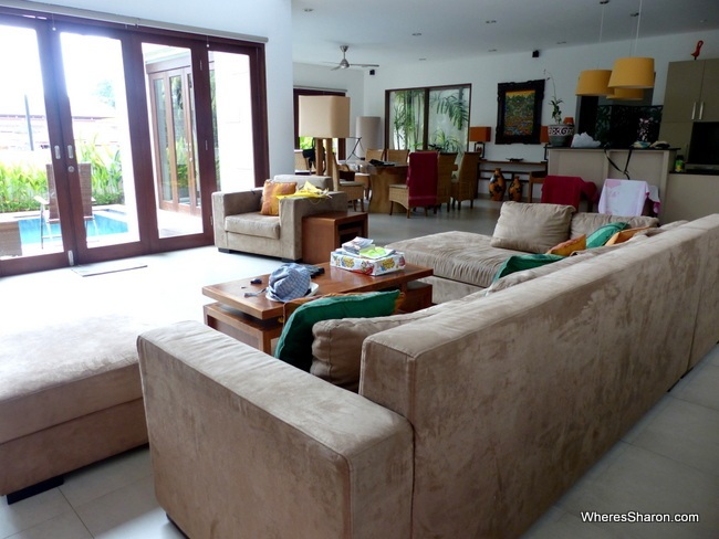 living, dining and kitchen in ubud family villa