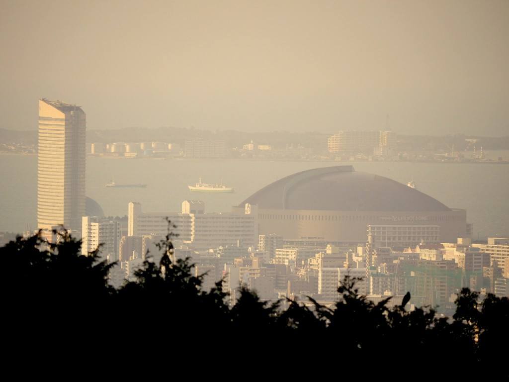 The famous Fukuoka Tower and Fukuoka Dome in the summer haze