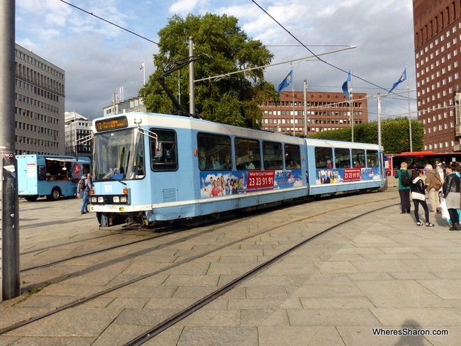 One of Oslo's distinctive blue trams. 