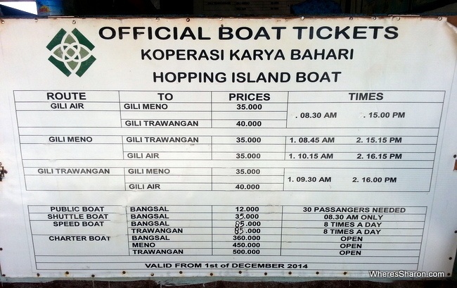 Gili Islands island hopping boat schedule and prices Dec 2015