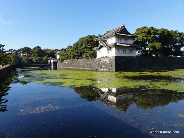 The moat, outer wall and a former guard tower of the Shogun's fortress than now form part of the East Imperial Gardens. 