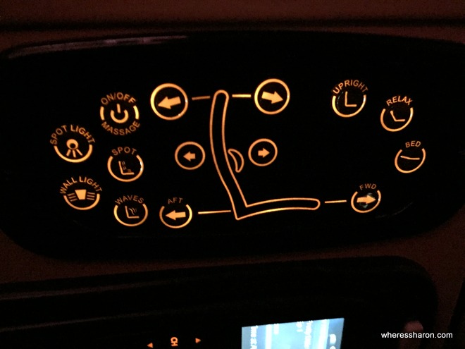 The seat controls in Etihad 777 business class and Etihad A330 business class