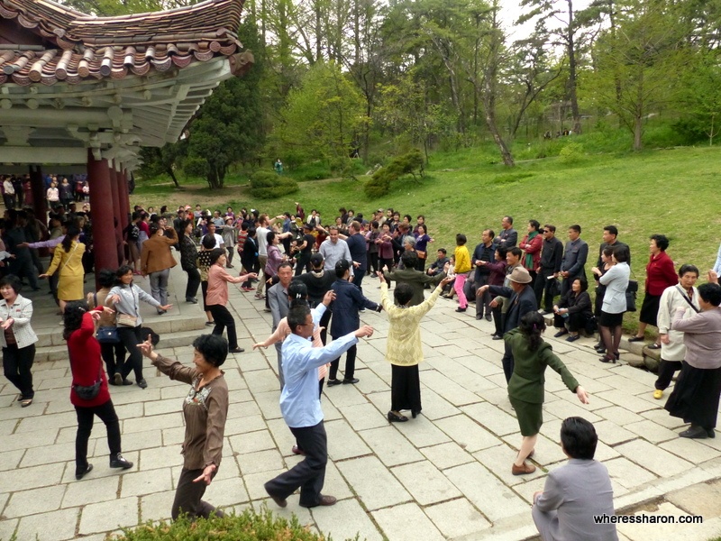 Dancing with locals at Moran Hill, Pyongyang